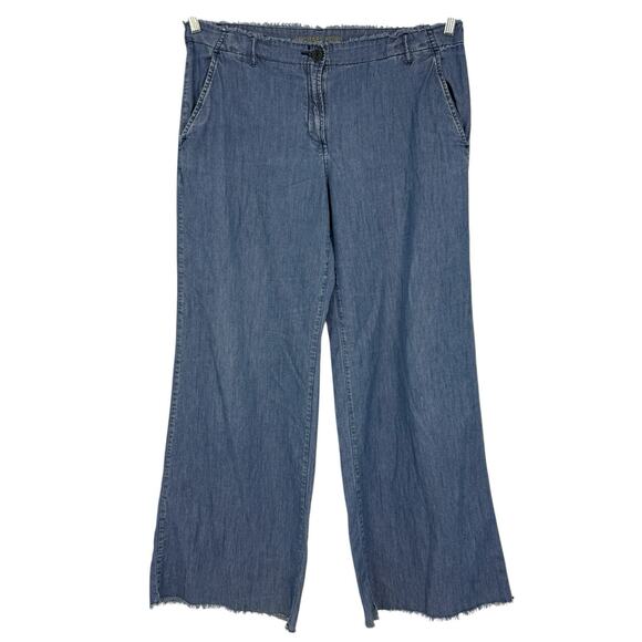 M Kors Wide Leg Chambray Jeans Women Size 14 Fringe Hem Blue 34" Inseam - Picture 1 of 14